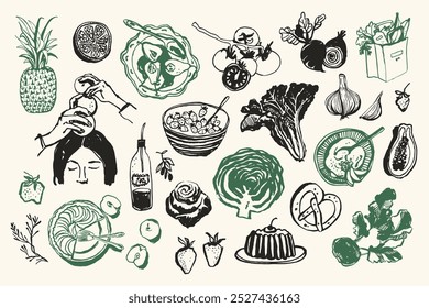 Mínimo vetor mão desenhado comida e bebida doodles coleção. Arte para cartões postais, cartazes, marcas, design de logotipo, fundo, mídias sociais.