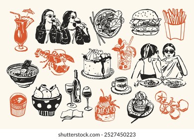 Mínimo vetor mão desenhado comida e bebida doodles coleção. Arte para cartões postais, cartazes, marcas, design de logotipo, fundo, mídias sociais.