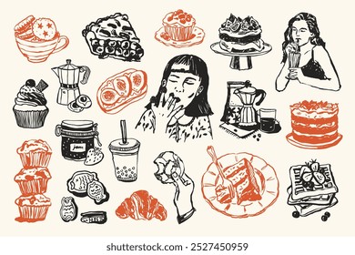 Minimal vector hand drawn food and beverage doodles collection. Art for postcards, posters, branding, logo design, background, social media.