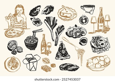 Mínimo vetor mão desenhado comida e bebida doodles coleção. Arte para cartões postais, cartazes, marcas, design de logotipo, fundo, mídias sociais.