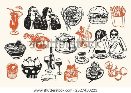 Minimal vector hand drawn food and beverage doodles collection. Art for postcards, posters, branding, logo design, background, social media.