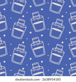 Minimal vector hand drawn seamless pattern with perfume or essential oil bottle. Decorative blue line art element for beauty, skincare, aromatherapy, or home decor designs.