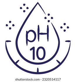 Minimal vector icon of the acidity pH10, isolated on transparent background. Blue outline sketch pictogram of measuring unit of water quality, hand-drawn with a brush