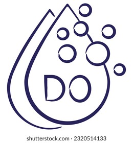 Minimal vector icon of the Dissolved oxygen DO, isolated on transparent background. Blue outline sketch pictogram of measuring unit of water quality, hand-drawn with a brush