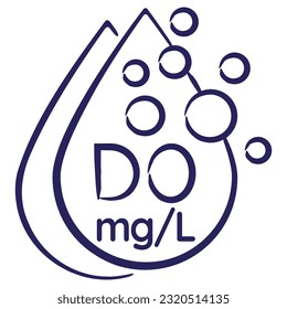 Minimal vector icon of the Dissolved oxygen DO, calibration mg L, isolated on transparent background. Blue outline sketch pictogram of measuring unit of water quality, hand-drawn with a brush