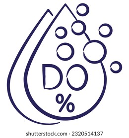 Minimal vector icon of the Dissolved oxygen DO, calibration percent, isolated on transparent background. Blue outline sketch pictogram of measuring unit of water quality, hand-drawn with a brush
