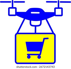 Ícono de Vector mínimo de un dron que transporta una bolsa de comestibles con verduras. Ideal para App de supermercados, entrega de comestibles en línea, logística de alimentos y conceptos de compras futuristas.