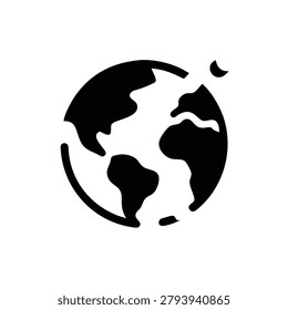 Minimal vector icon of earth globe with small celestial object on white.