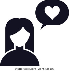 Minimal vector icon featuring a long haired woman holding a speech bubble with a heart inside, representing love, affection, and romantic emotions in a clean and stylish design