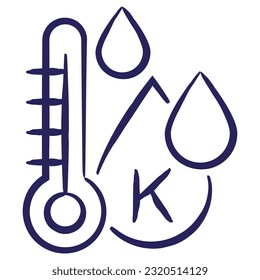 Minimal vector icon of the fluid temperature in degrees Kelvin, isolated on transparent background. Blue outline sketch pictogram of measuring unit of water quality, hand-drawn with a brush