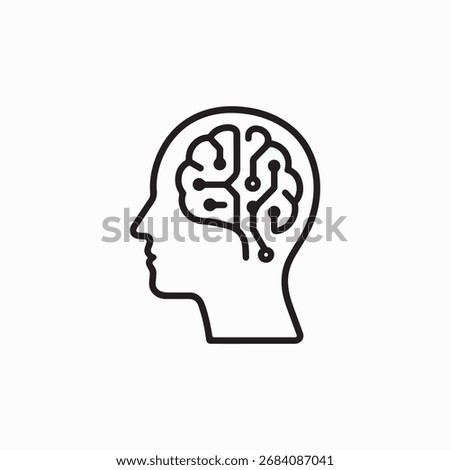 Minimal vector icon of a human head silhouette with digital brain made of circuit lines and dots, symbol of artificial intelligence, neural network, and modern technology.
