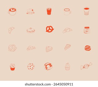 Minimal vector icon set with desserts, coffee, and pastries. Includes cupcakes, croissants, cookies, pretzels, and drinks. Ideal for menus, stickers, and packaging.