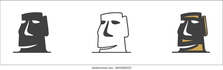 Minimal vector icon set inspired by the iconic Moai statues, available in solid, outline, and premium accent styles. Suitable for tourism brands, museums, educational projects, editorial layouts, travel campaigns, merchandise, and destination identity.