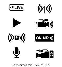 Minimal vector icon set for live streaming, podcast, radio, and broadcast media branding.