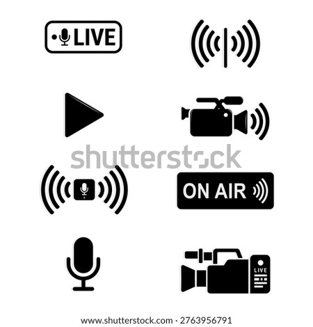 Minimal vector icon set for live streaming, podcast, radio, and broadcast media branding.