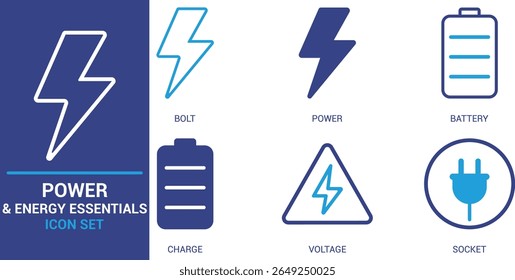 Minimal vector icon set for power and energy essentials. Includes bolt, battery, socket, charge, and voltage symbols. Perfect for apps, UI, and infographics.