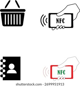 Conjunto de íconos de Vector mínimo que muestra el moderno concepto de pago sin contacto NFC con smartphone, cesta de la compra y símbolos de libro de Dirección. Conveniente para el App móvil, el comercio electrónico, y el diseño de la cartera digital. Isola