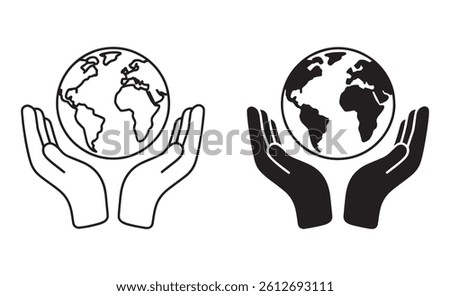 Minimal vector icon showing hands gently holding the Earth, symbolizing global care, environmental protection, and sustainability. Includes both outline and solid style versions.

