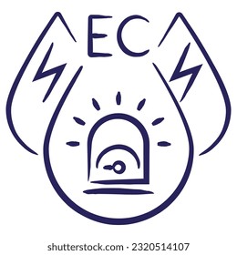 Minimal vector icon of the signaling of low electrical conductivity of the liquid, isolated on transparent. Blue outline sketch pictogram of measuring unit of water quality, hand-drawn with a brush