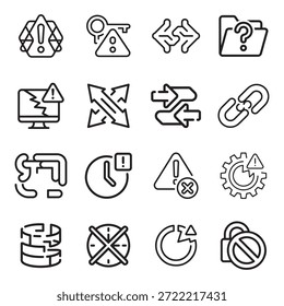 Minimal vector icons illustrating exception states and edge cases for software workflows, system logic, and user interfaces.