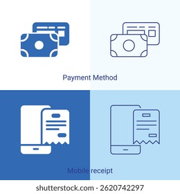 Minimal Vector Icons Payment Method and Mobile Receipt. A modern set of editable vector icons in filled or solid glyph and outline stroke styles. Includes icons for payment methods