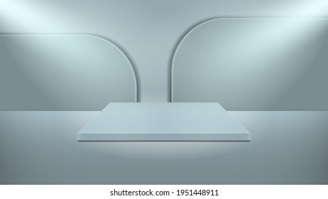 Minimal vector illustration 3d podium, bleachers, stages, of rectangular shape, the light from two lamps falls obliquely from above. The work was done in Pastel Blue.