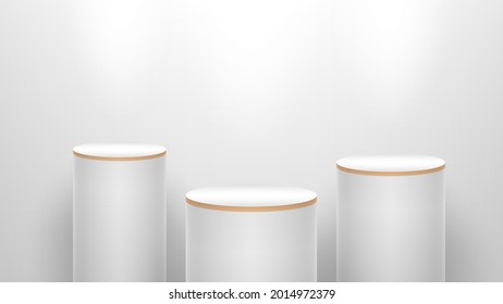 Minimal vector illustration 3d podium stand scene made in light colors. With a light source on top. Three podiums in the form of a cylinder.