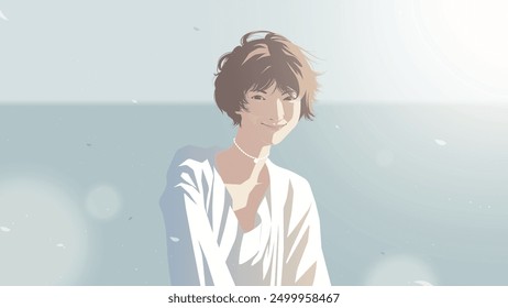 Minimal vector illustration of a beautiful Asian woman with short hair in a white dress is smiling happily at the beach with the sea horizon in the background