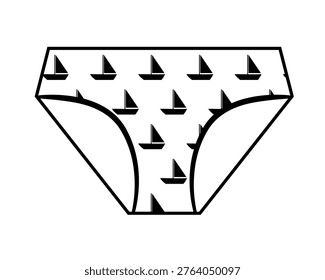 Minimal vector illustration of bikini panties with cute sailboat pattern. Simple swimwear underwear design for women and kids isolated on white background.