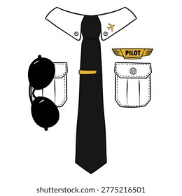 Minimal vector illustration of a black pilot tie with golden aviation badge and airplane icon, symbolizing airline professionals, aviation industry, and pilot uniform.