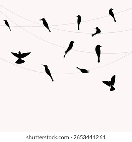 Uma ilustração vetorial mínima de aves silhuetas pretas sentadas e voando em fios curvos, sobre um fundo rosa suave. Adequado para arte de parede, projetos digitais, uso editorial e design criativo.