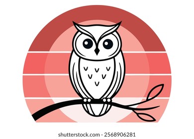 Minimal Vector Illustration of Black and White Owl on Branch