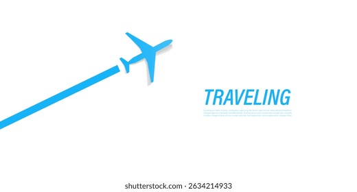 Minimal vector illustration of a blue airplane silhouette on a white background with copy space and text "TRAVELING." Perfect for air travel ads, vacation web banners, or modern travel concepts.