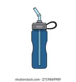 Ilustração vetorial mínima de um frasco de água de esportes ergonômico azul com tampa roscada cinza e palha visível em um fundo branco. Design plano limpo que representa hidratação, aptidão e bem-estar.