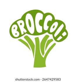 Minimal vector illustration of broccoli with artistic lettering inside. Simple vegetable shape, clean white background. Healthy eating concept with hand-drawn typography and organic design.