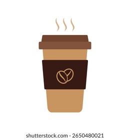 Minimal vector illustration of a brown takeaway coffee cup with a dark sleeve and steaming hot coffee. Perfect for cafe branding, beverage icons, lifestyle graphics, or coffee shop promotions.