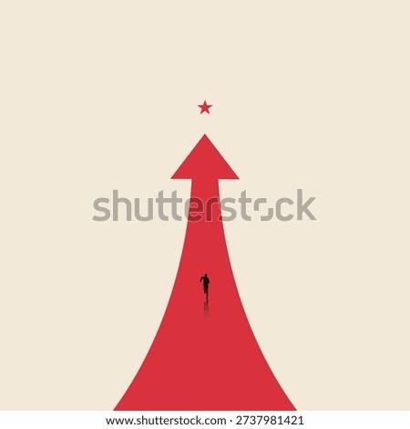Minimal vector illustration of a businessman running along a large upward arrow toward a star, symbol business growth, ambition, leadership, goal achievement, and future success