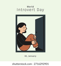 Ilustração vetorial mínima de uma pessoa calma sentada sozinha Cartaz das mídias sociais para o Dia Mundial do Introvertido.