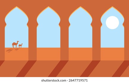 Mínima ilustração vetorial de camelos no deserto vistos através dos arcos islâmicos tradicionais. Cores quentes e silhuetas arquitetônicas criam uma atmosfera do Oriente Médio