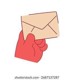 Ilustração vetorial mínima de uma mão de desenho animado segurando um envelope, simbolizando e-mail, mensagem e conceito de comunicação. Parte da coleção de gestos de mão plana e ícones de desenho animado