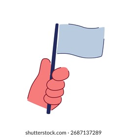 Ilustração vetorial mínima de uma mão de desenho animado segurando uma bandeira, simbolizando sucesso, realização e conceito de liderança. Parte da coleção de gestos de mão plana e ícones de desenho animado