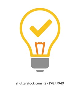 Ilustración vectorial mínima de una bombilla clásica con marca de verificación amarilla en el interior, filamento naranja y base gris sobre fondo blanco. Diseño plano que representa el éxito, el logro y los objetivos de bienestar.