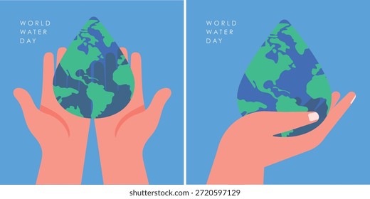 Una Ilustración vectorial mínima de manos en primer plano sosteniendo una gota de agua transparente con un mapa del mundo en su interior. Diseñado en un estilo limpio y moderno para su uso en proyectos de conservación ambiental, carteles del Día Mundial del Agua y temas de sostenibilidad global.