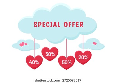 Minimal vector illustration of cloud banner with hanging heart tags showing discount percentages. Cute pastel design for sale promotion, marketing banners, online shopping ads and retail campaigns. Ad