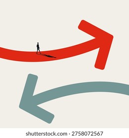 Minimal vector illustration concept: businessman walks red upward arrow, rejecting wrong direction. Depicts growth, decision, career choice, success strategy, right vs wrong option, achievement.