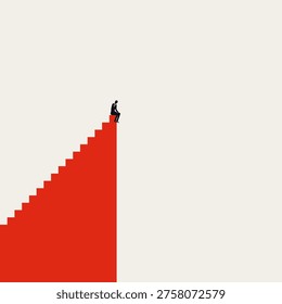 Minimal vector illustration concept: businessman sits at top of red stairs, head down in depression. Depicts mental health, burnout, exhaustion, end of road, emotional struggle, contemplation symbol.
