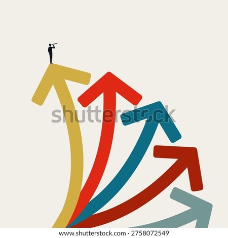 Minimal vector illustration concept: businessman with telescope atop highest arrow, surveying multiple upward paths. Depicts career decision, best choice, growth strategy, vision, leadership direction.