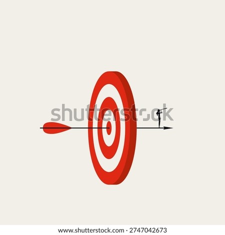 Minimal vector illustration concept depicting business success and goal completion. Corporate silhouette on an arrow hitting a red target bullseye. Professional graphic for future aim and strategy.