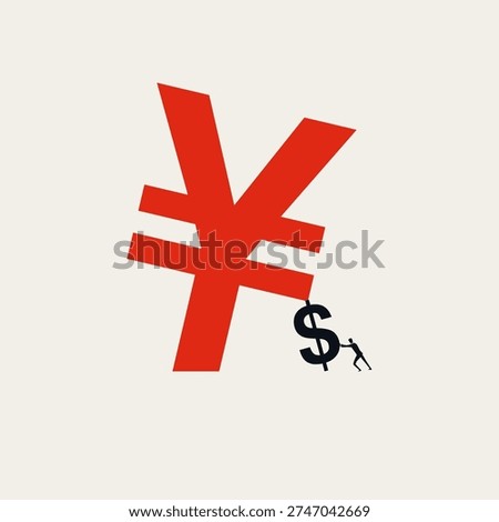 Minimal vector illustration concept of global economy and finance. A businessman uses a US dollar symbol to support a falling Japanese yen sign. Corporate currency exchange and debt management graphic.