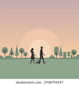 Ilustración vectorial mínima de una pareja paseando un perro en un parque